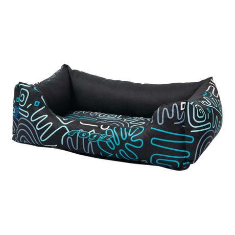 Rogz Graphix Walled Dog Bed in black with vibrant blue patterns, perfect for stylish pet lounging.