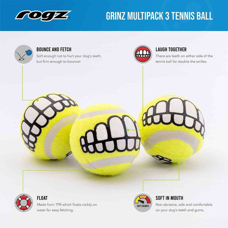 Rogz Grinz 3 Pack Tennis Balls featuring playful designs, ideal for fetching, bouncing, and gentle play for dogs.