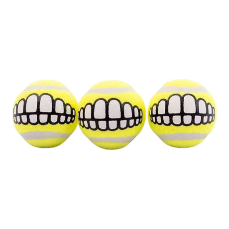 Rogz Grinz Dog Toy 3 Pack tennis balls with smiley teeth design for fun fetch games
