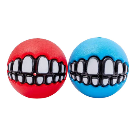 Rogz Grinz Dog Toy Variety Pack featuring red and blue fetch balls with fun toothy designs