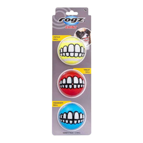 Rogz Grinz Dog Toy Variety Pack featuring Fetch, Treat, and Squeaky balls for interactive playtime with dogs.