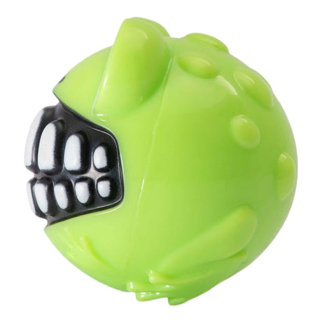 Rogz Grinz Fetch Frog Toy, green, goofy design with toothy smile, ideal for dog play and fetch activities.