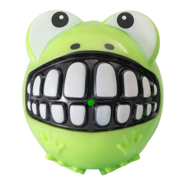 Rogz Grinz Fetch Frog Toy, a green frog-shaped dog toy with a big smile, perfect for fun fetching and squeaky playtime.