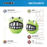 Rogz Grinz Fetch Frog Toy for dogs, featuring a playful frog design with squeak and soft texture, perfect for fetching fun.