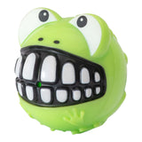 Rogz Grinz Fetch Frog Toy for dogs, green frog-shaped squeaky fetch toy with a big smile, medium size.