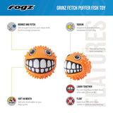 Rogz Grinz Fetch Puffer Fish Toy features bounce, squeak, and soft texture for engaging dog playtime.