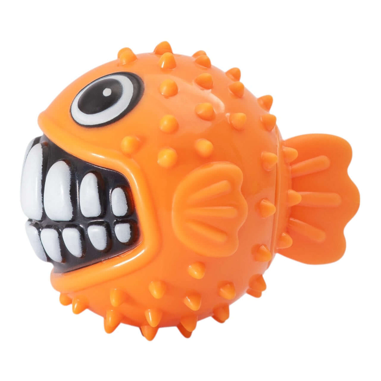 Rogz Grinz Fetch Puffer Fish Toy in orange, featuring spiky exterior and cartoonish grin, perfect for dogs to fetch and squeak.