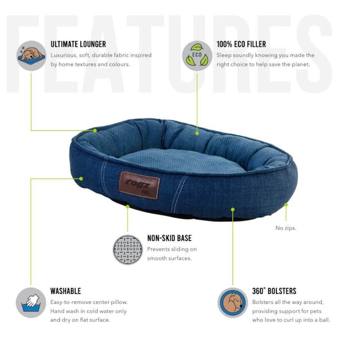 Rogz Lounge Oval pet bed features eco-friendly materials, non-skid base, washable cover, and cozy bolsters for ultimate comfort.