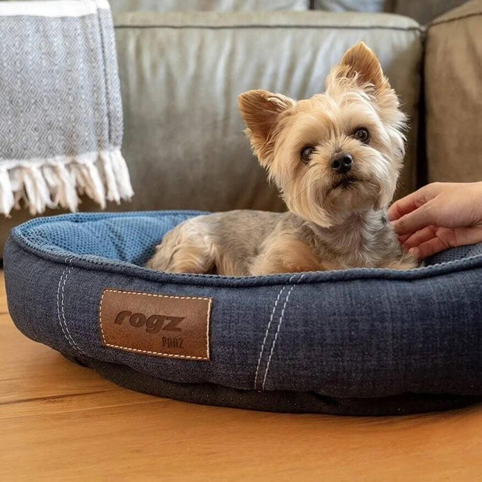 Small dog enjoying comfort in a Rogz Lounge Oval dog bed