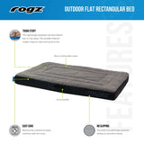 Rogz outdoor flat dog bed features tough polyester, easy care, and non-slip base for ultimate comfort.
