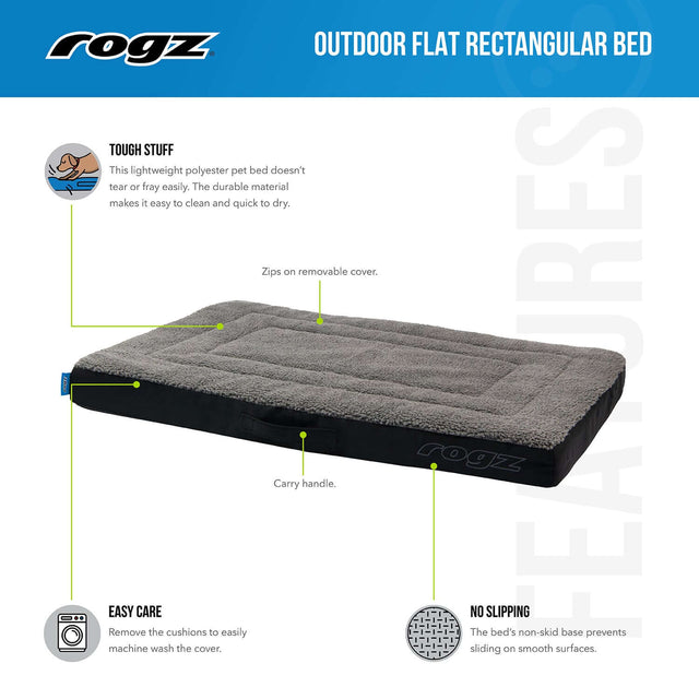 Rogz outdoor flat dog bed features tough polyester, easy care, and non-slip base for ultimate comfort.