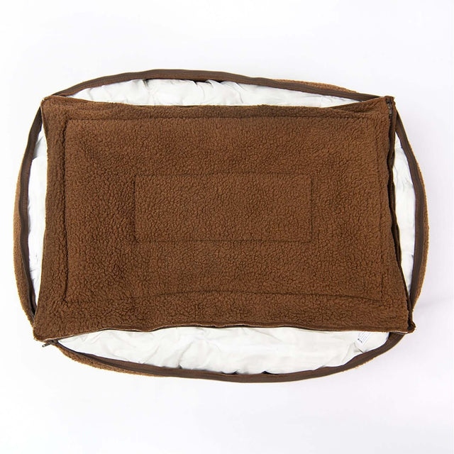 Rogz Outdoor Walled Dog Bed in brown, featuring soft sides and cozy inner for maximum comfort and support.