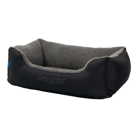 Rogz Outdoor Walled Dog Bed in black with cozy gray lining, designed for comfort and durability for outdoor adventures.