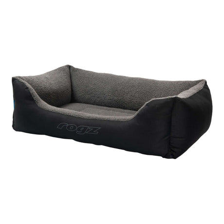 Rogz Outdoor Walled Dog Bed with supportive bolsters in grey and black, ideal for outdoor comfort and durability.
