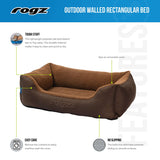 Rogz outdoor walled dog bed featuring tough polyester, easy care, and non-slip base for comfort and durability.
