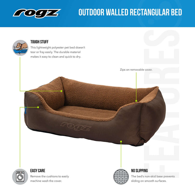 Rogz outdoor walled dog bed featuring tough polyester, easy care, and non-slip base for comfort and durability.
