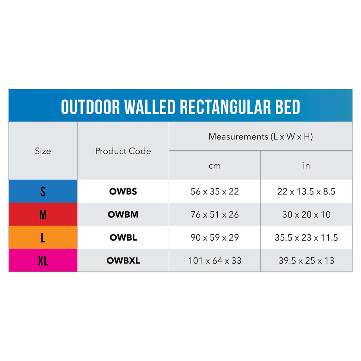Size chart for Rogz Outdoor Walled Dog Bed including measurements for S, M, L, and XL sizes in cm and inches.