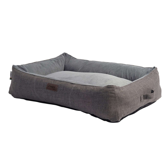 Rogz Rectangle Lounge Bed in grey, designed for pets for comfort and support, featuring removable cushions and washable cover.