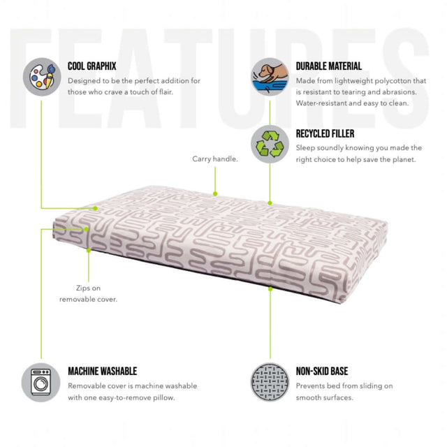 Features of Rogz Retro Flat Rectangular Bed: cool graphics, durable, machine washable, recycled filler, non-skid base.