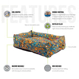 Rogz Retro Rectangular Dog Bed features including durable material, machine washable cover, and cool graphics.