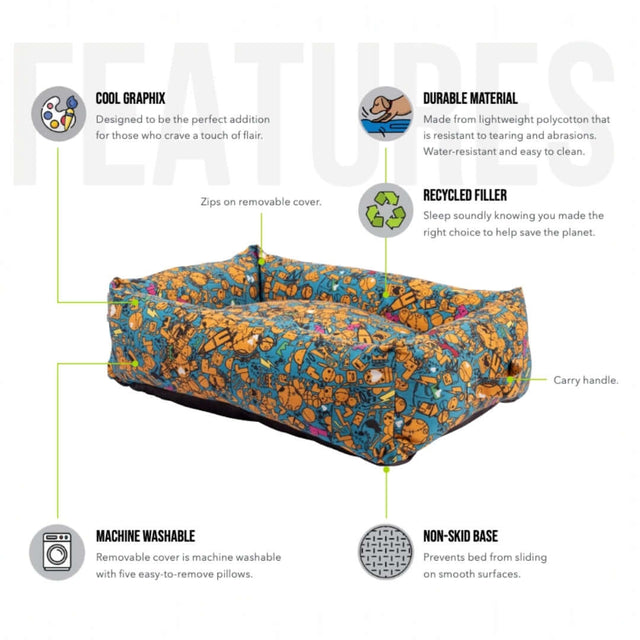 Rogz Retro Rectangular Dog Bed features including durable material, machine washable cover, and cool graphics.