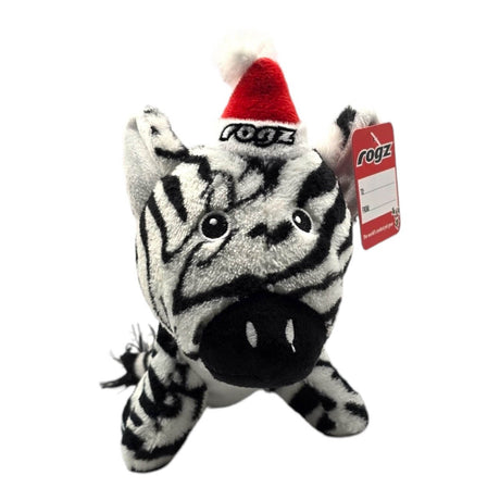 Rogz Safari Christmas Dog Toy, plush zebra with a squeaker and a festive hat, perfect for holiday fun for dogs.