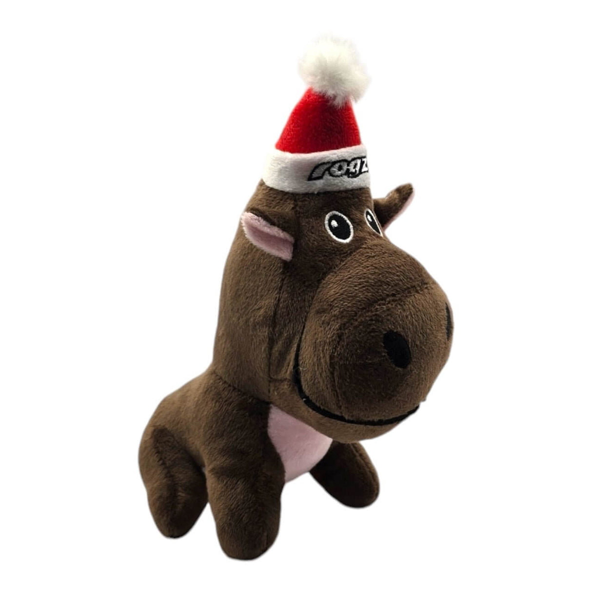 Soft plush Rogz Safari Xmas dog toy wearing a Santa hat, featuring a squeaker for festive fun. Size: 8 x 13 x 20cm.