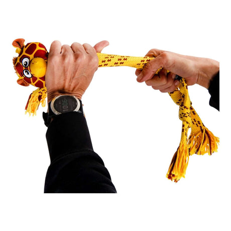 Rogz Scrubz Safari Dental Rope Dog Toy featuring a giraffe, perfect for tugging and dental care.