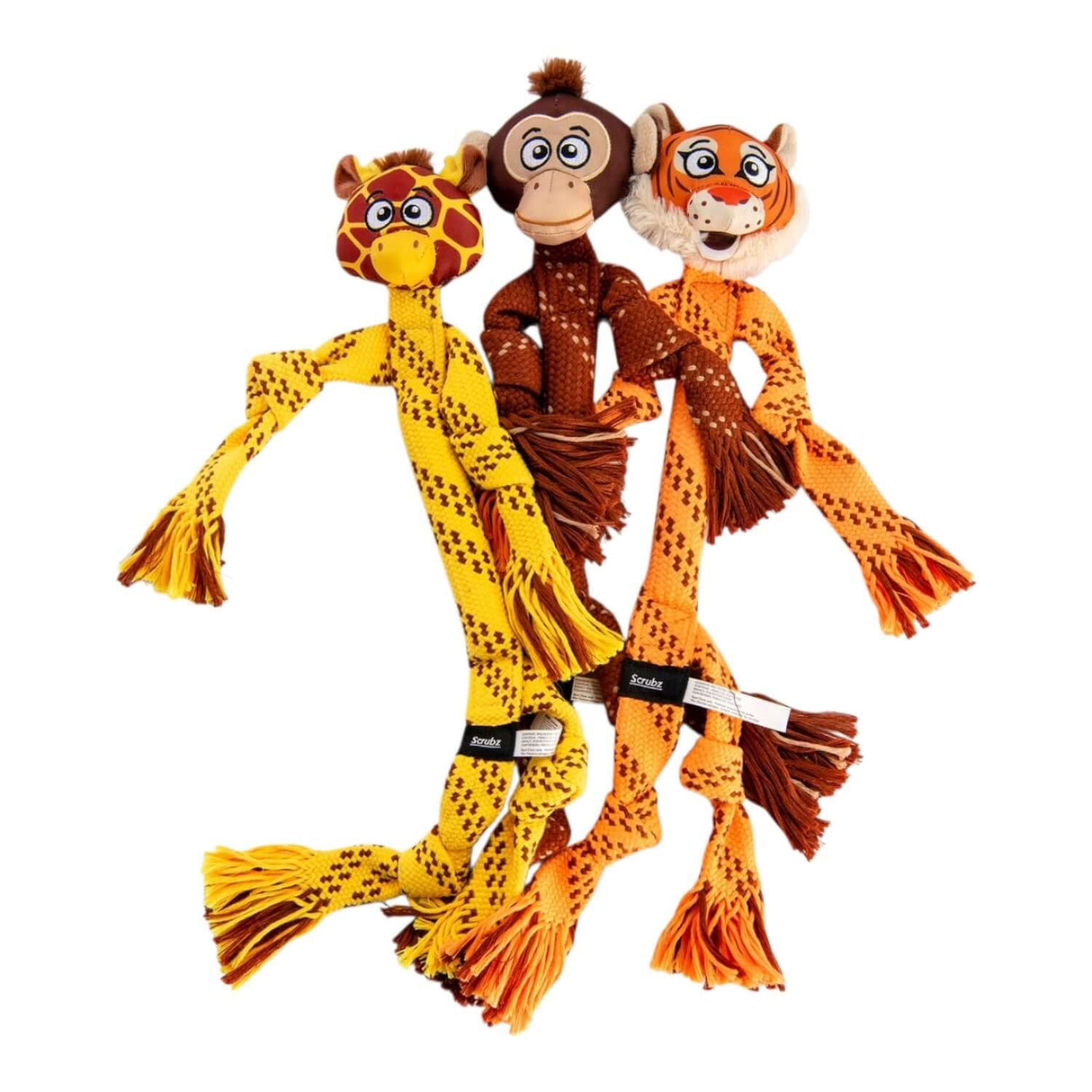 Rogz Scrubz Safari Dental Rope Dog Toy featuring Tiger, Monkey, and Giraffe characters for playful dogs.