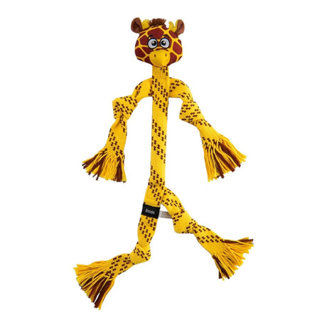Rogz Scrubz Safari Dental Rope Dog Toy featuring a playful giraffe design, perfect for interactive play and dental care.
