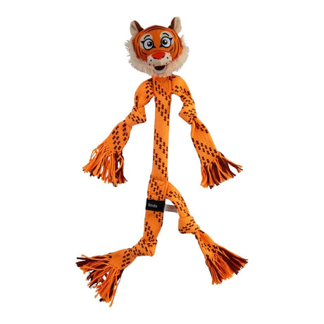 Rogz Scrubz Safari Dental Rope Dog Toy featuring a playful Tiger design for interactive tugging and dental care.