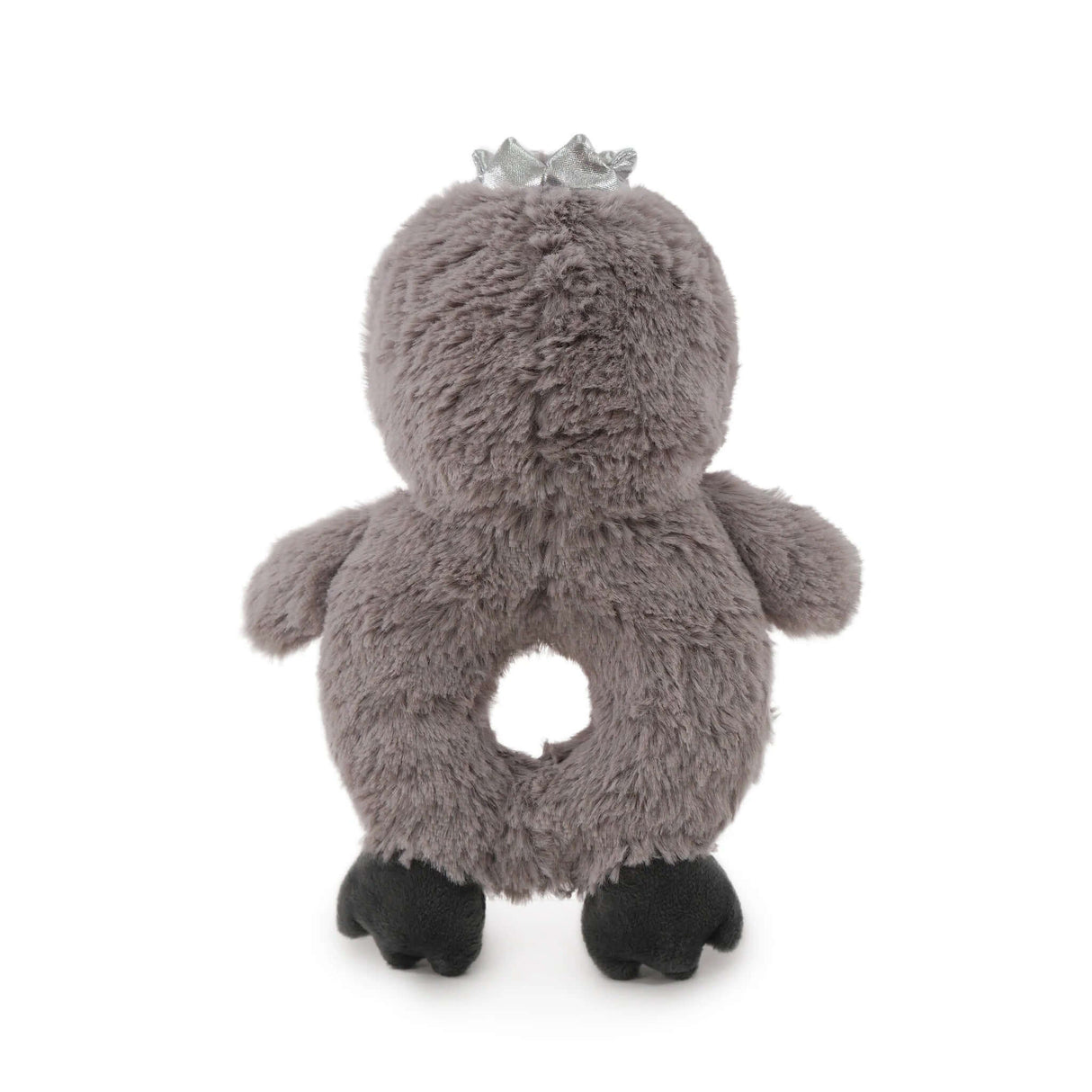 Soft gray penguin toy with a ring-shaped body and durable rope core, perfect for dog playtime and tugging.