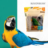 Roudybush California Blend 1.25kg with colorful parrot, featuring dried fruits and vegetables for birds.