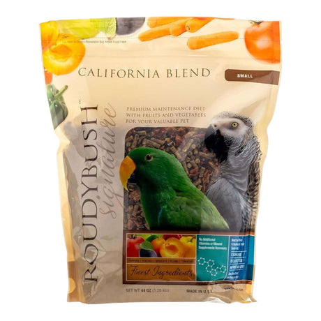 Roudybush California Blend 1.25kg packaging featuring fruits and vegetables for birds, designed for maintenance diet.