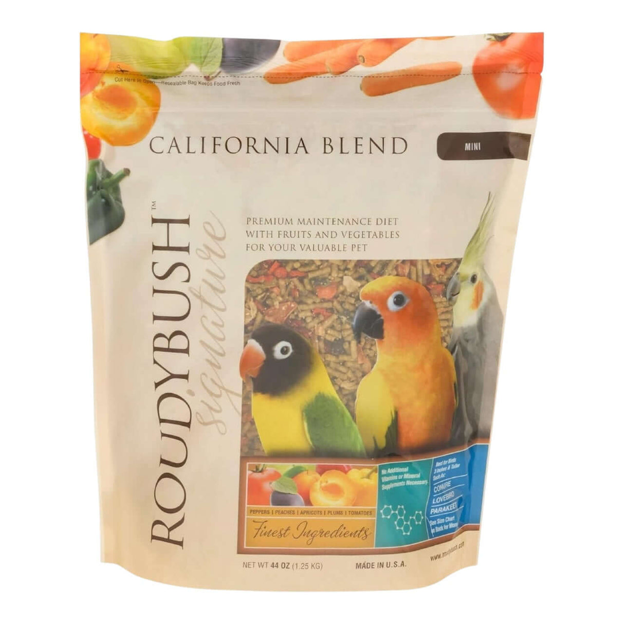 Roudybush California Blend 1.25kg packaging featuring fruits and vegetables for birds.