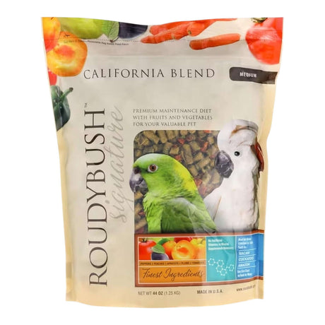 Roudybush California Blend 1.25kg premium maintenance diet for birds featuring fruits and vegetables.