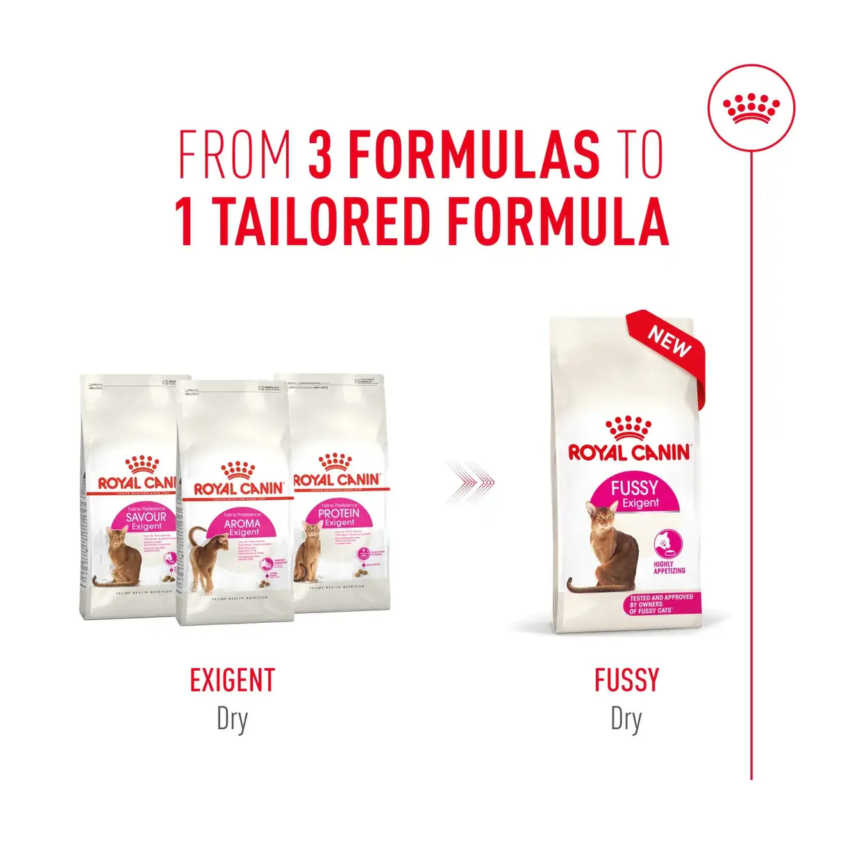 From 3 formulas to 1 tailored formula: Royal Canin Fussy Exigent Eater Cat Food for picky cats.