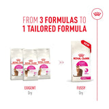 From 3 formulas to 1 tailored formula: Royal Canin Fussy Exigent Eater Cat Food for picky cats.