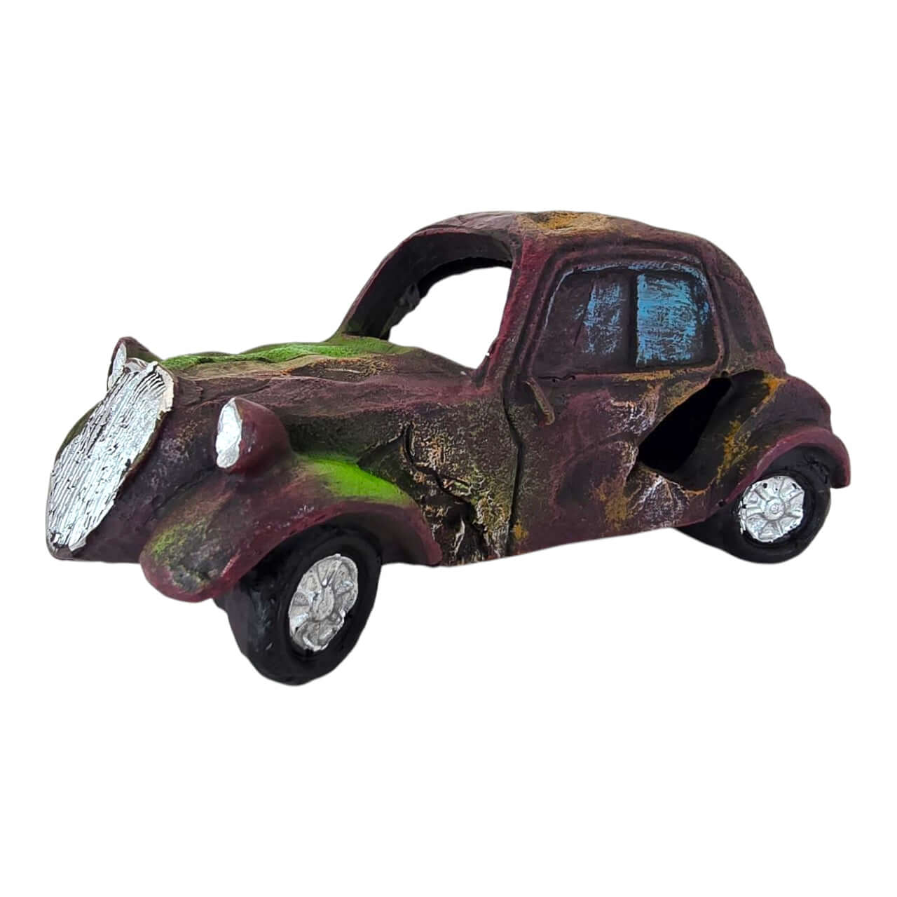 Rusted Car Wreck aquarium ornament in dark purplish-brown with rustic finish and authentic rust patches.