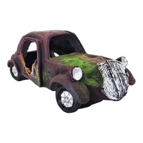 Rusted car wreck aquarium ornament in vintage style, featuring dark purplish-brown finish and realistic weathered details.