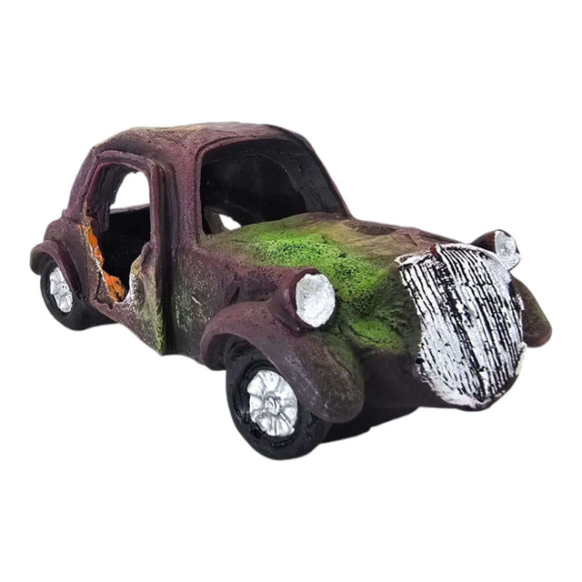 Rusted car wreck aquarium ornament in vintage style, featuring dark purplish-brown finish and realistic weathered details.