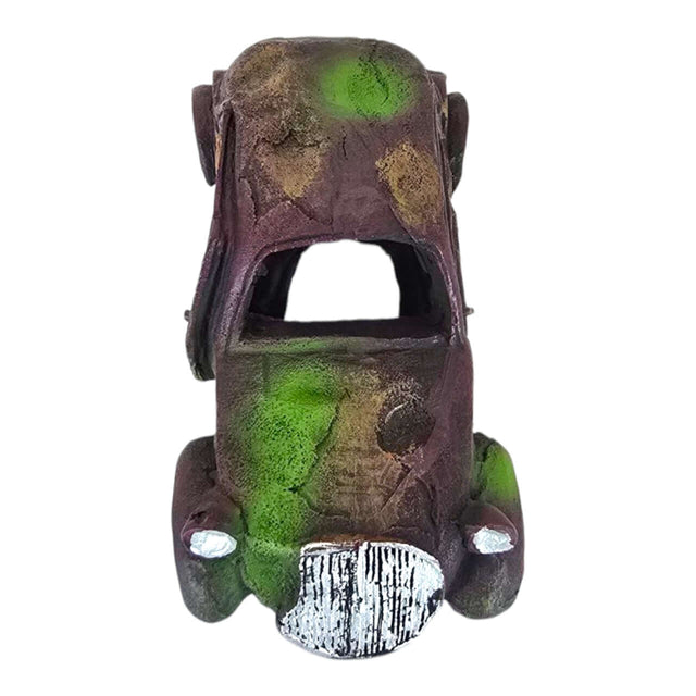 Rusted Car Wreck aquarium ornament with greenish-brown rust patches and vintage charm, perfect for aquariums.