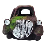Rusted car wreck aquarium ornament with weathered finish and greenish-brown rust patches for vintage aquatic decor.