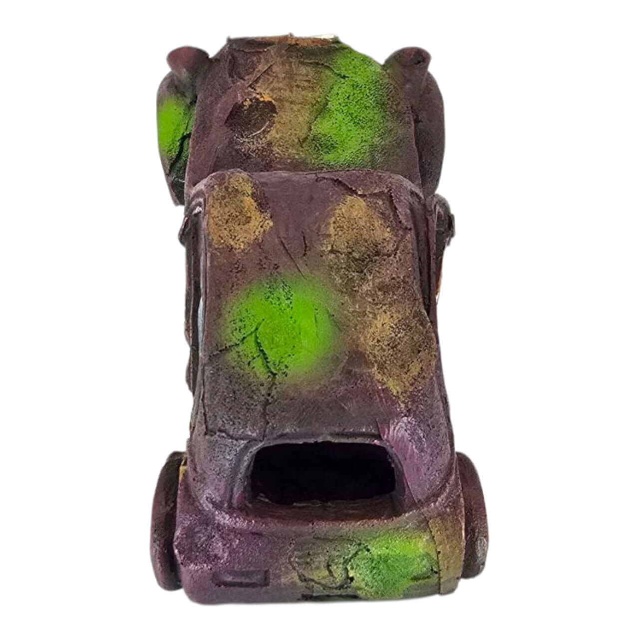 Rusted car wreck aquarium ornament with a vintage finish and colorful rust patches, perfect for aquascaping.