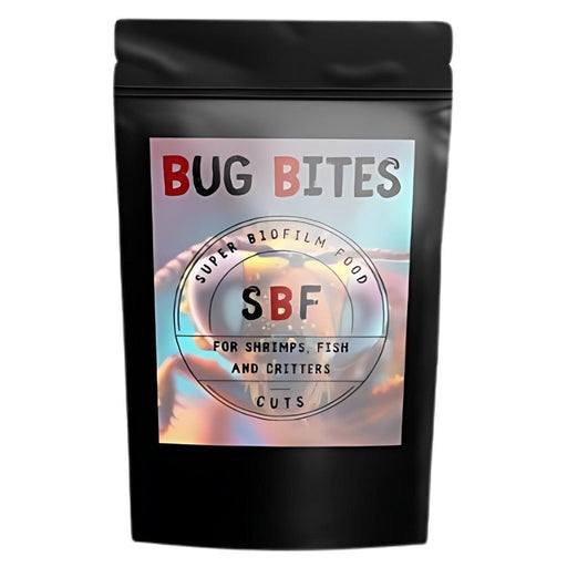 SBF Bug Bites 50g packaging for shrimp, fish, and critters, featuring nutrient-rich biofilm food.