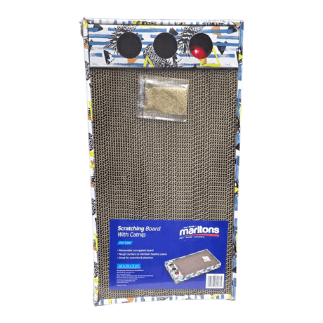 Scratching board with catnip for cats, promoting healthy scratching behavior and protecting furniture.