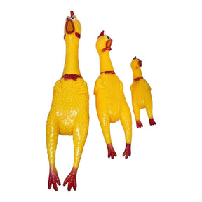Three vibrant yellow screaming chicken dog toys, designed for fun and durable playtime for pets.