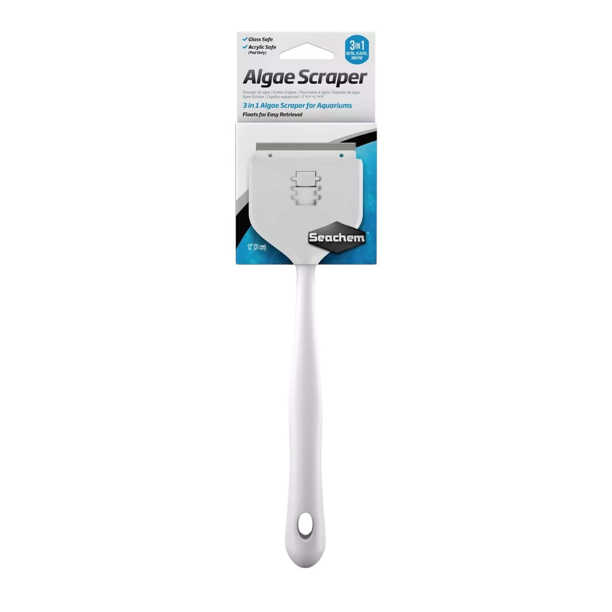 Seachem 3 in 1 Algae Scraper for aquariums, featuring retractable blades and ergonomic handle design.