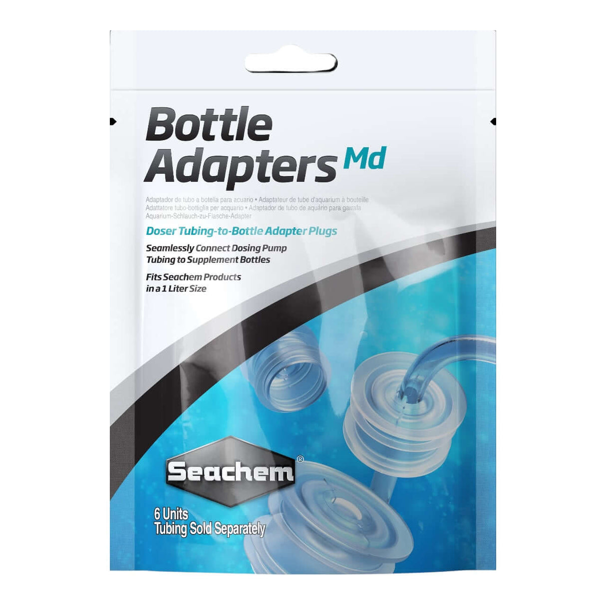 Seachem Bottle Adapters packaging showcasing doser tubing-to-bottle adapter plugs for seamless connection.