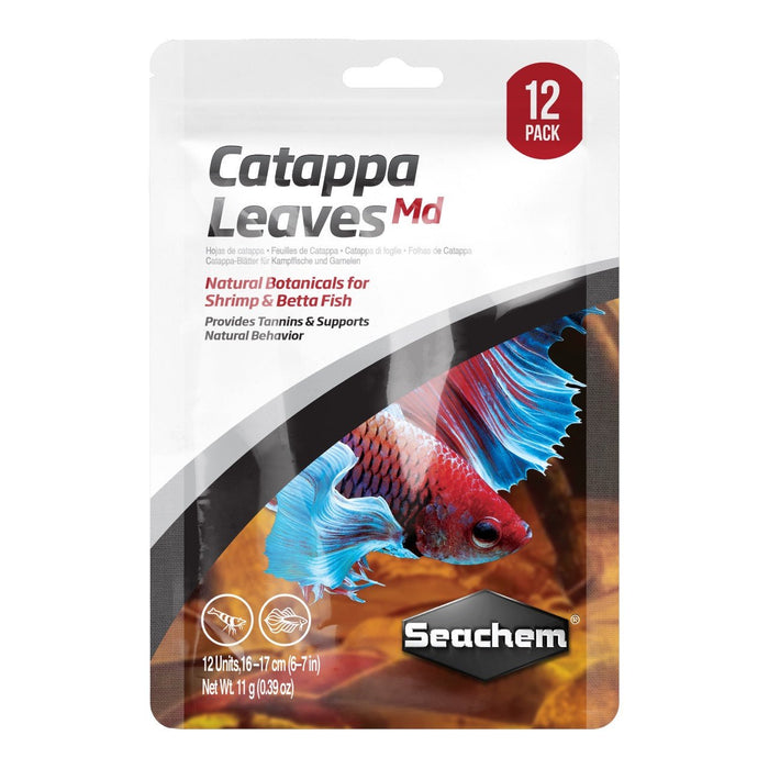 Seachem Catappa Leaves Md 12 pack, ideal botanicals for shrimp and Betta fish, promoting natural behaviors and aquarium health.